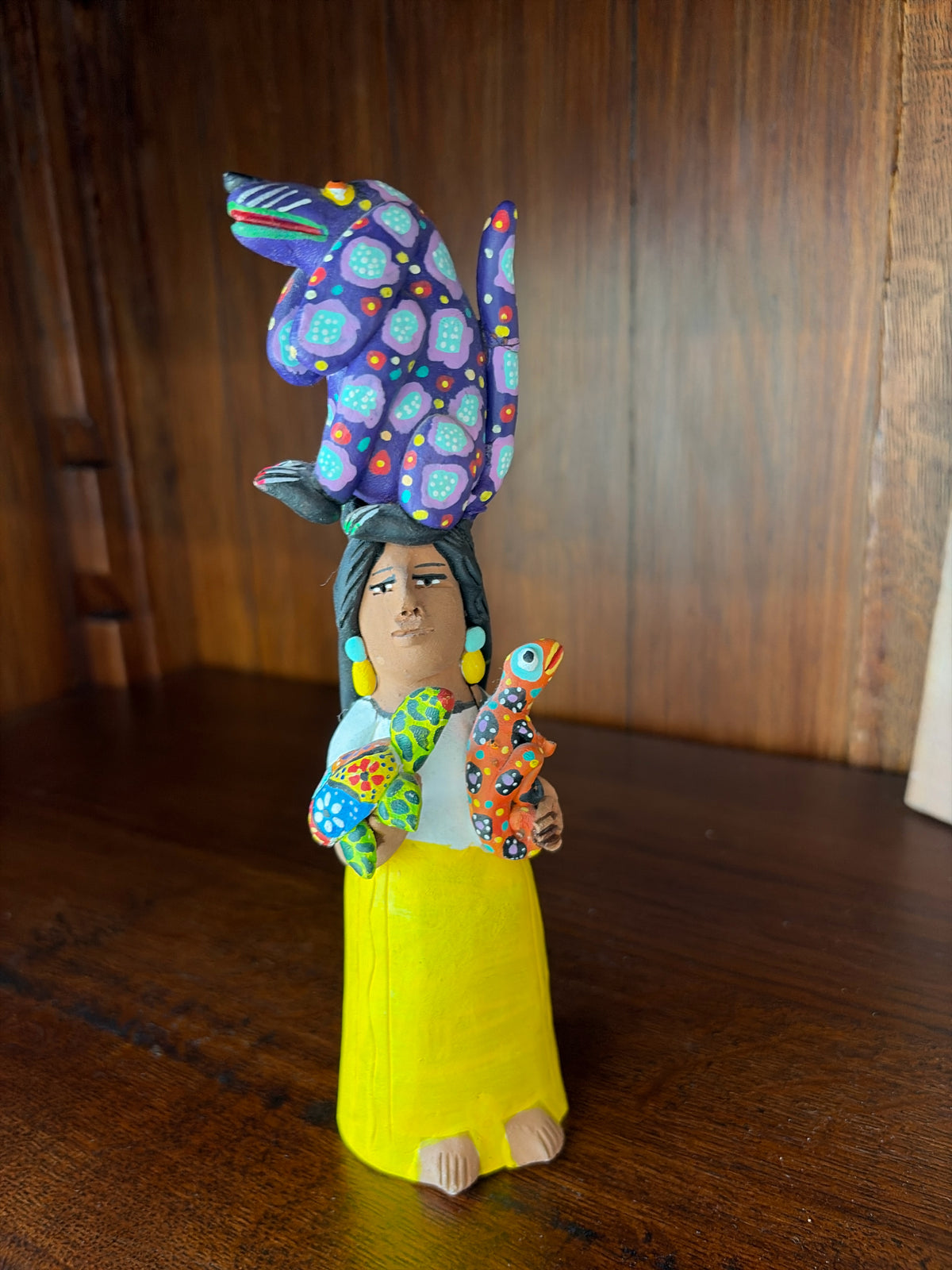 Signed Mexican Oaxacan Red Clay Folk Art-Woman w/Creatures by Josefina Aguilar
