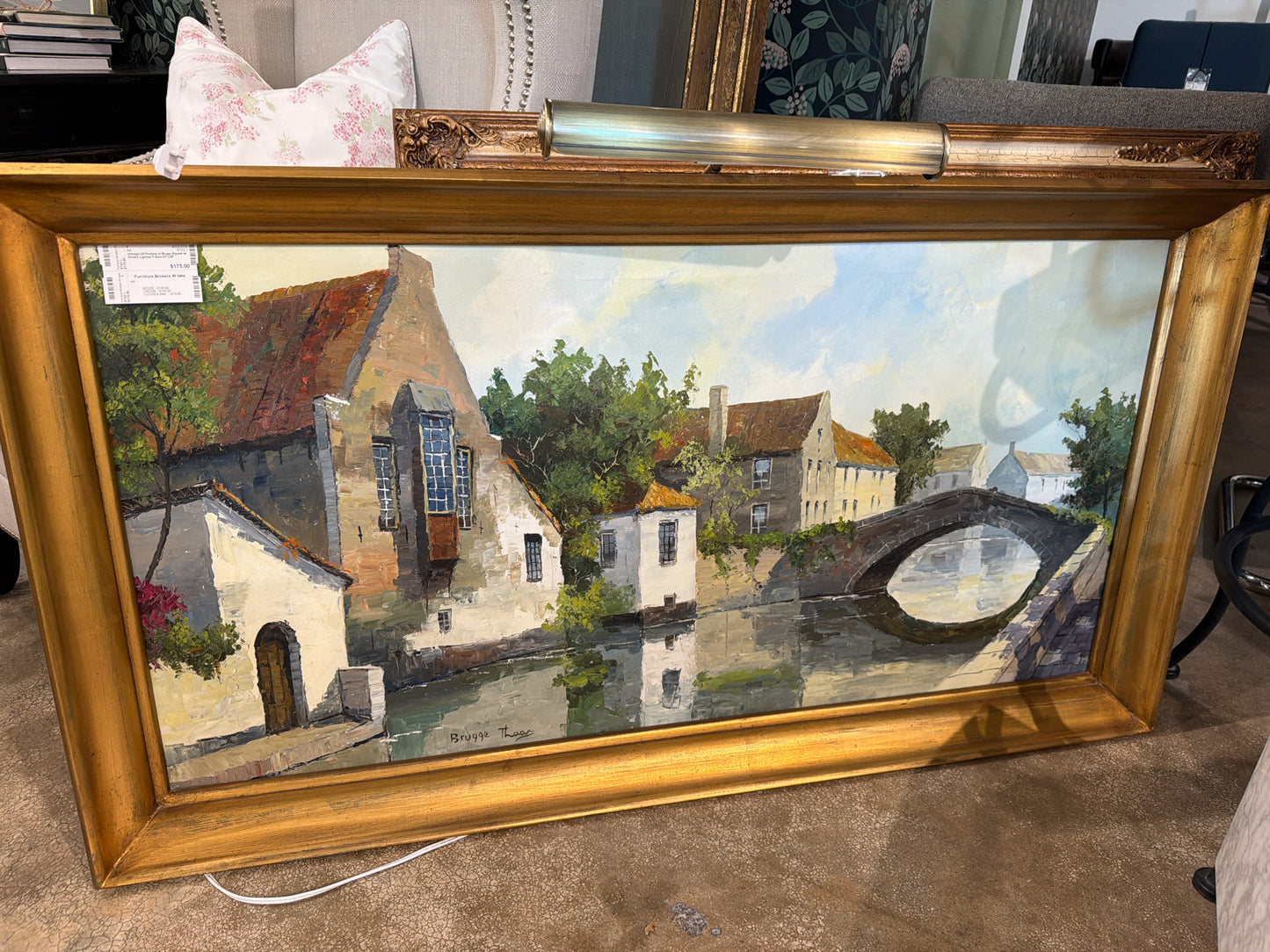 Vintage Oil Panting of Bruge Signed w/ Ornate Lighted Frame 53"x29"