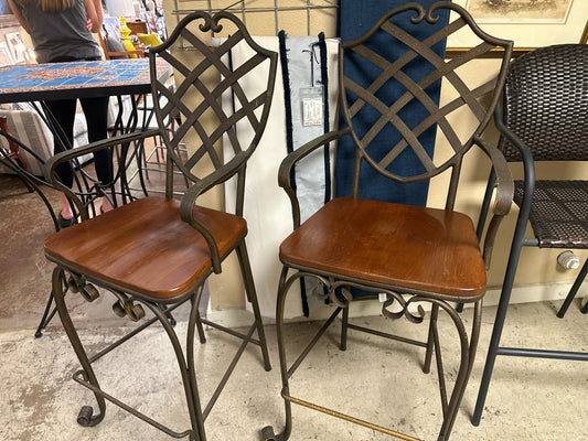 PAIR Metal/Wood Seat Arm Barstools