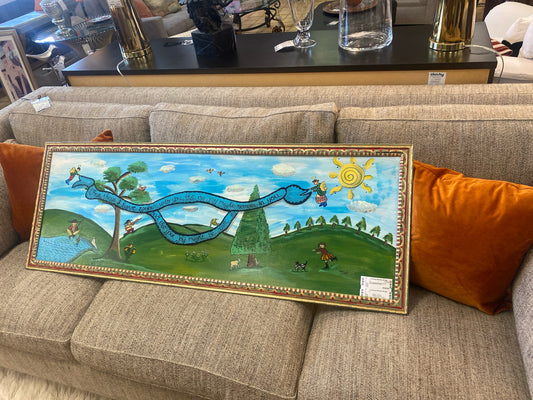 Child's Painting Whimsical Scene Green Meadow 52"x18.5"