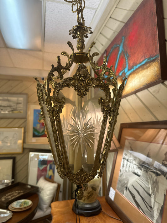 Vintage Brass/Etched Glass Lantern Chandelier