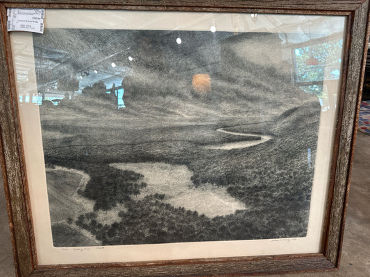 Signed Lithograph River Landscape in Rustic Wood Frame (38x32)