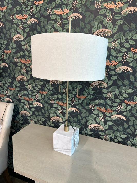 PAIR Brushed Gold White Marble Base Lamps w/ White Shades