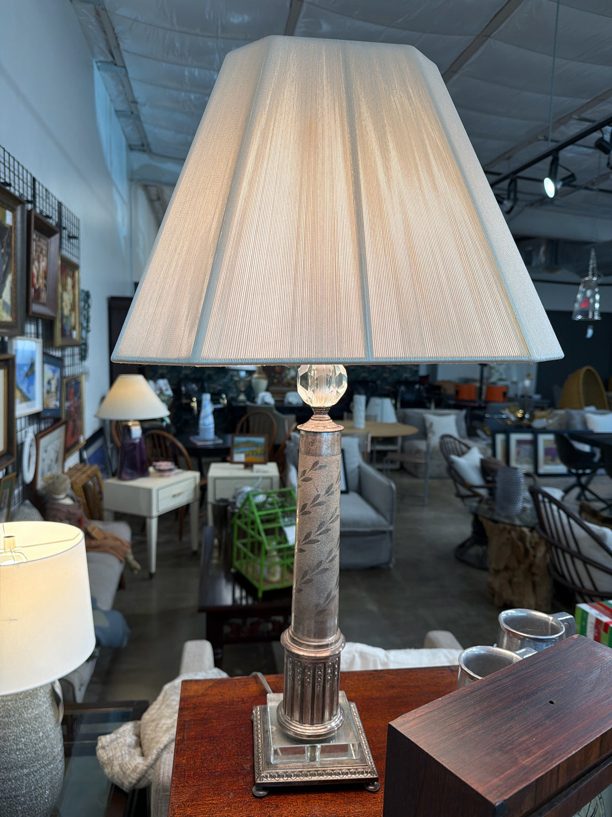 Antique Silver Plated Column Lamp Leaf Detail w/ Silk Shade