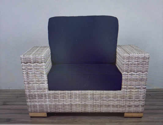 PAIR of Marie Albert Rutherford Rattan Lounge Arm Chairs w/ Navy Cushions (New)