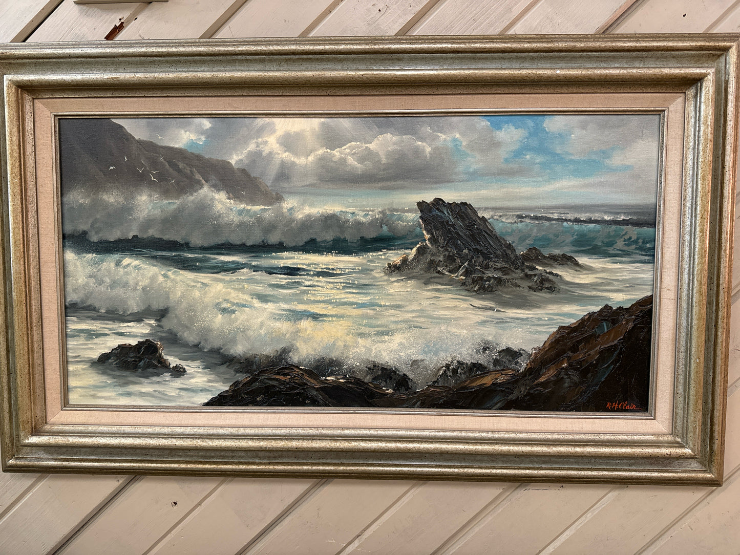 Original Oil Ocean Coastal Waves by Roberta H. Clair (American b.1931-, 38x22")