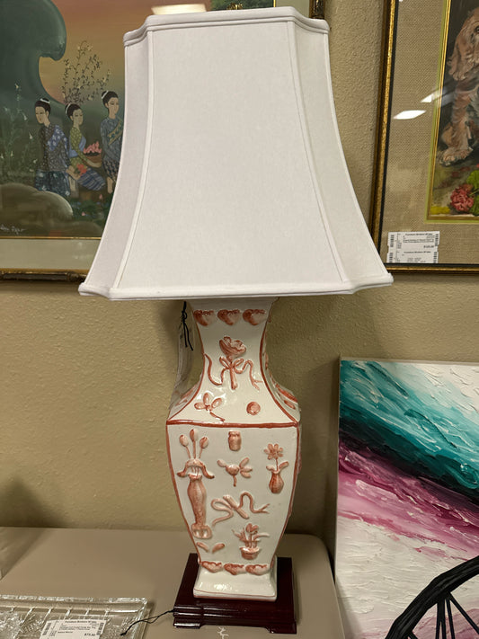 PAIR of Rust & White Pottery Lamps with White Shades