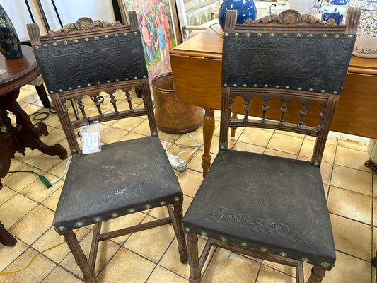 PAIR Carved Antique Coat of Arms Chairs w/ Nail Head Trim