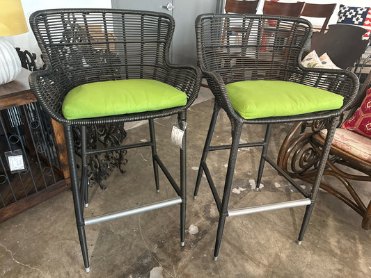 PAIR Outdoor Wicker Bar Stools - Green Upholstery