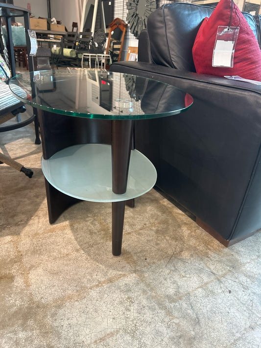 Mid Century Modern 2-Tier Glass Table w/Wood Legs