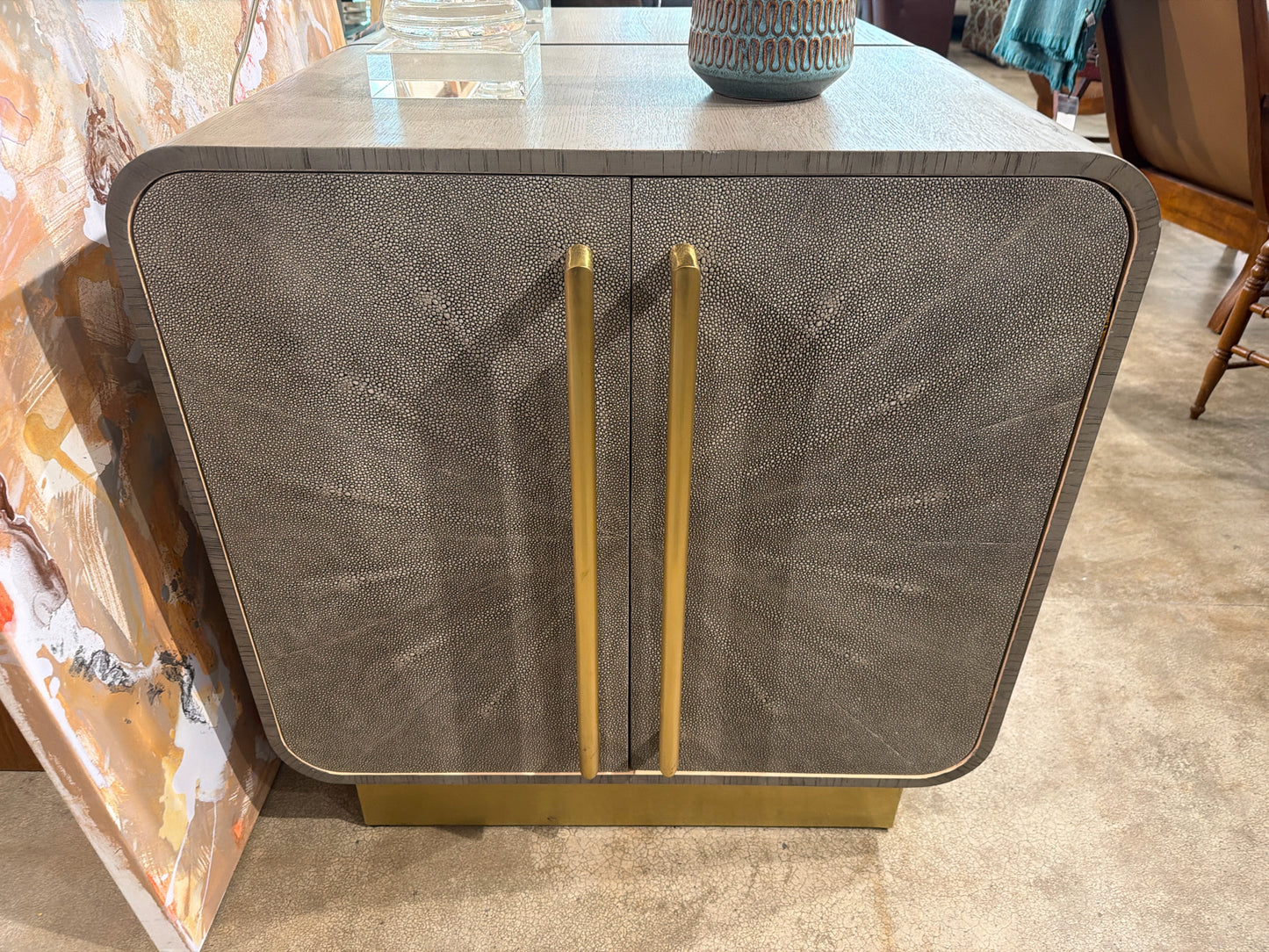 Custom Scout Design Wood Frame/Shagreen Front Bedside Chest 32h X 30w X 18d