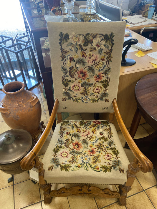 Antique Needlepoint Arm Chair with Carved Arms