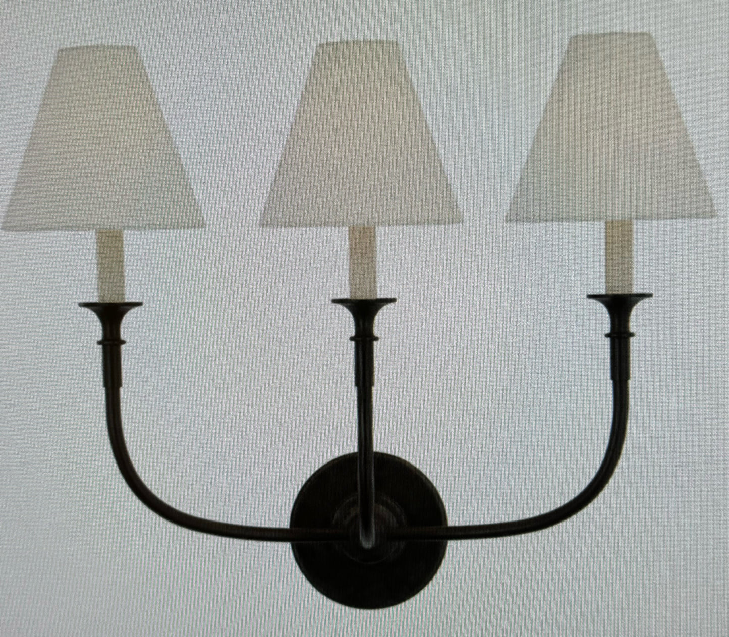 Visual Comfort Thomas O'Brien Piaf Triple Sconce in Aged Iron w/ Linen Shades