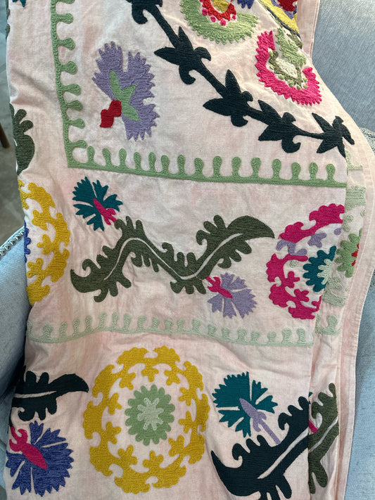 "Suzani" Green Row TWIN Coverlet Multi Color Stitched Pink Background