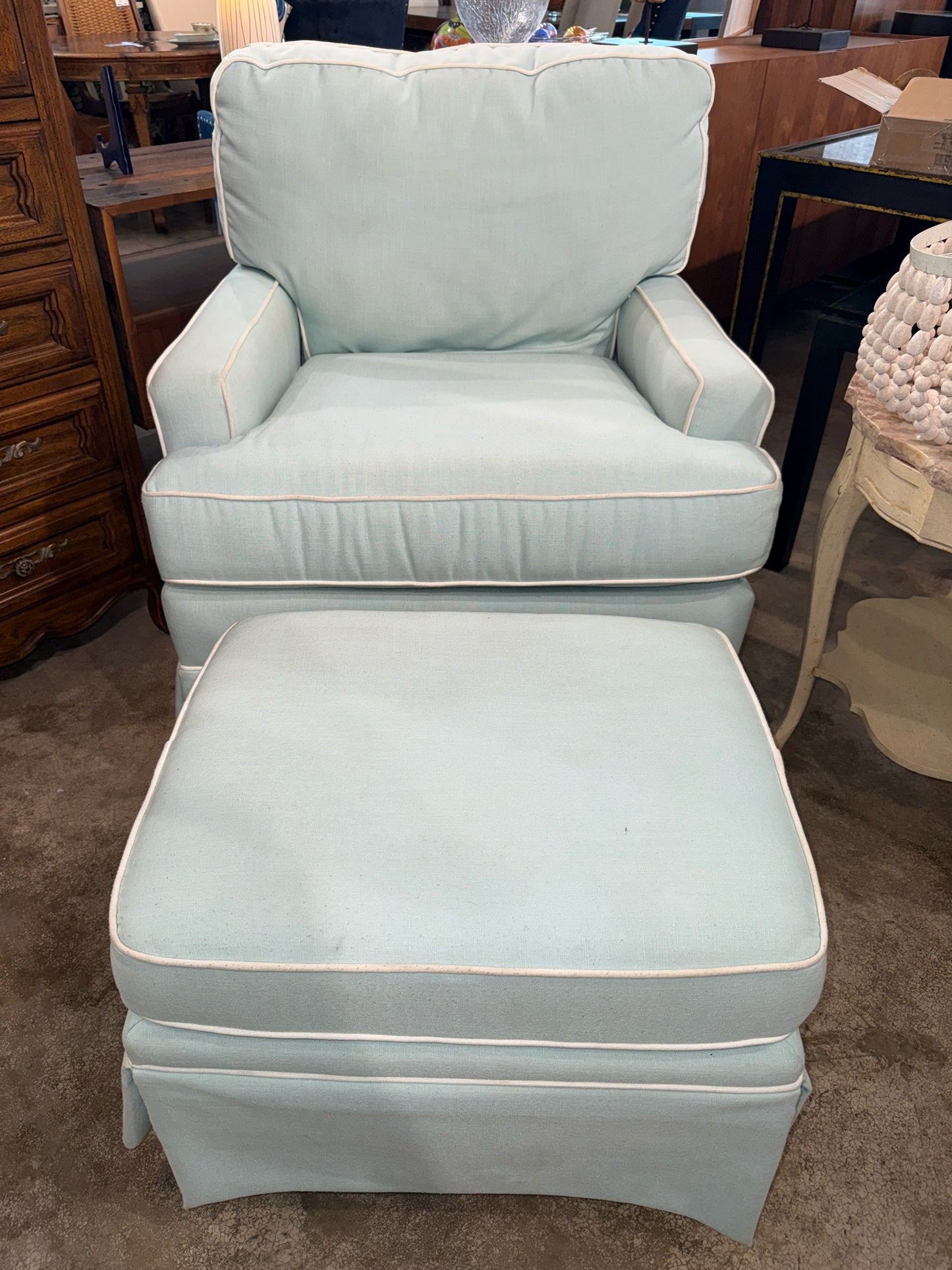 Robin Egg Blue White Piping Glider & Ottoman