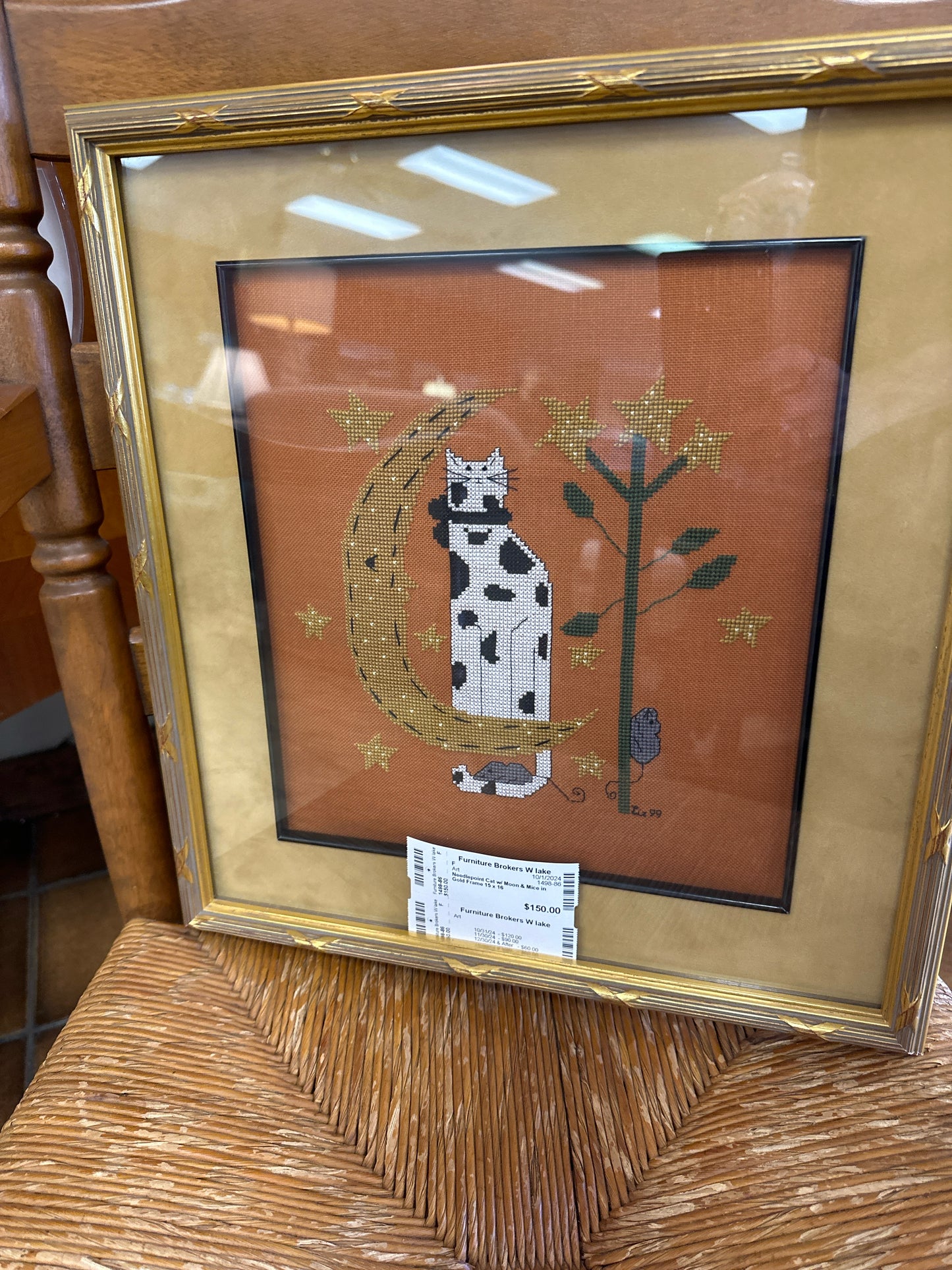 Needlepoint Cat w/ Moon & Mice in Gold Frame 15 x 16