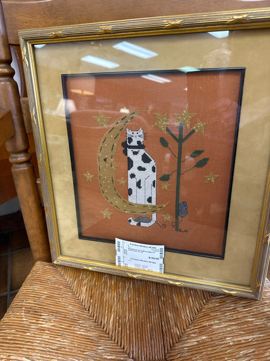 Needlepoint Cat w/ Moon & Mice in Gold Frame 15 x 16