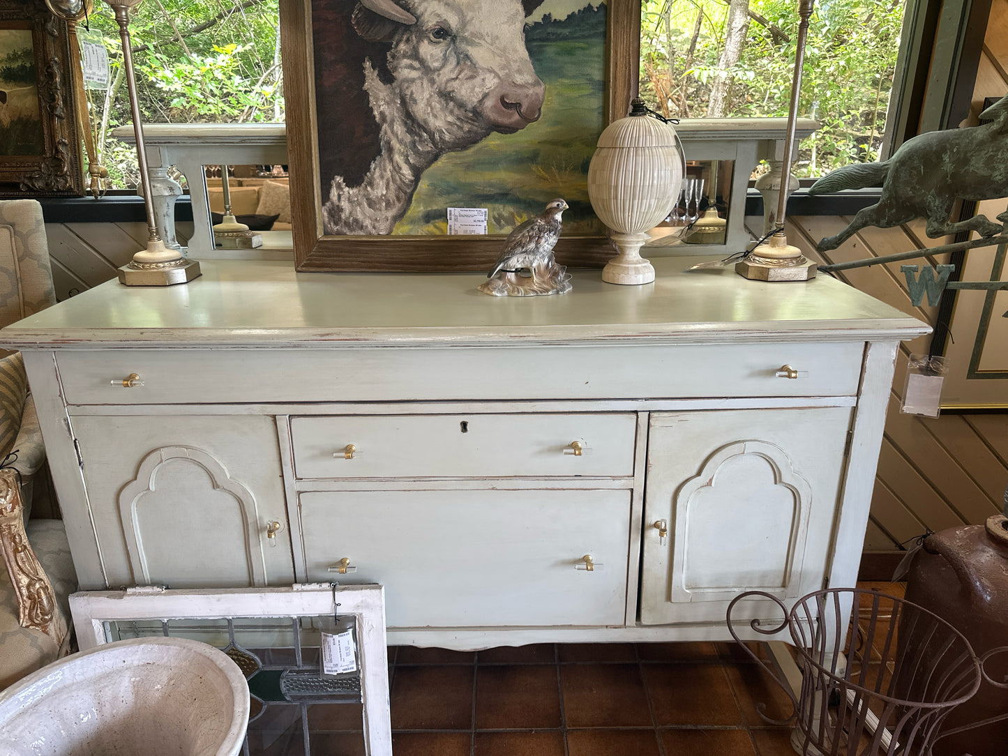 Light Green Farmhouse Sideboard With Mirrored Back And Contemporary Acrylic/Bra