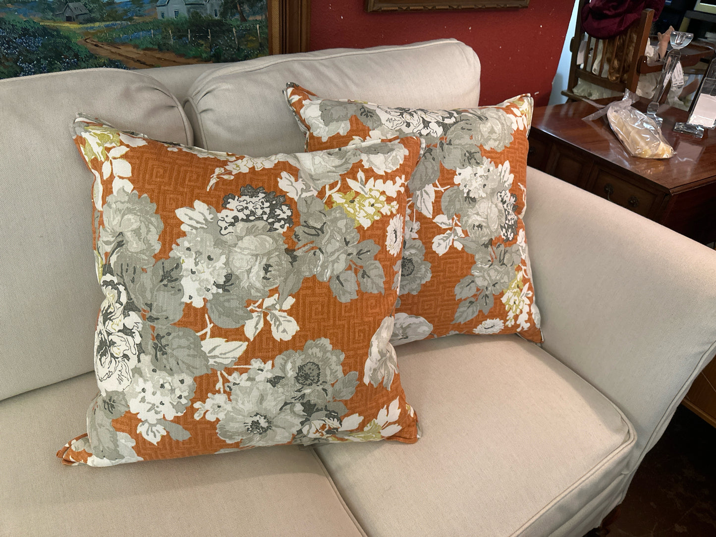 PAIR Orange/Grey White Floral Pillows Anna French Fabric 22 sq"