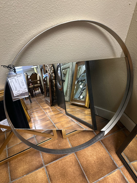 30" Round Contemporary Silver Frame Slanted Mirror