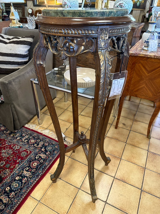 43" Carved Wood Plant Stand with Round Marble Top