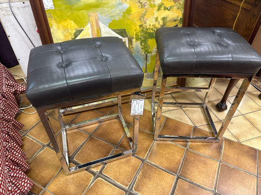 PAIR RH "Reese" Tufted Leather/Chrome  Barstools