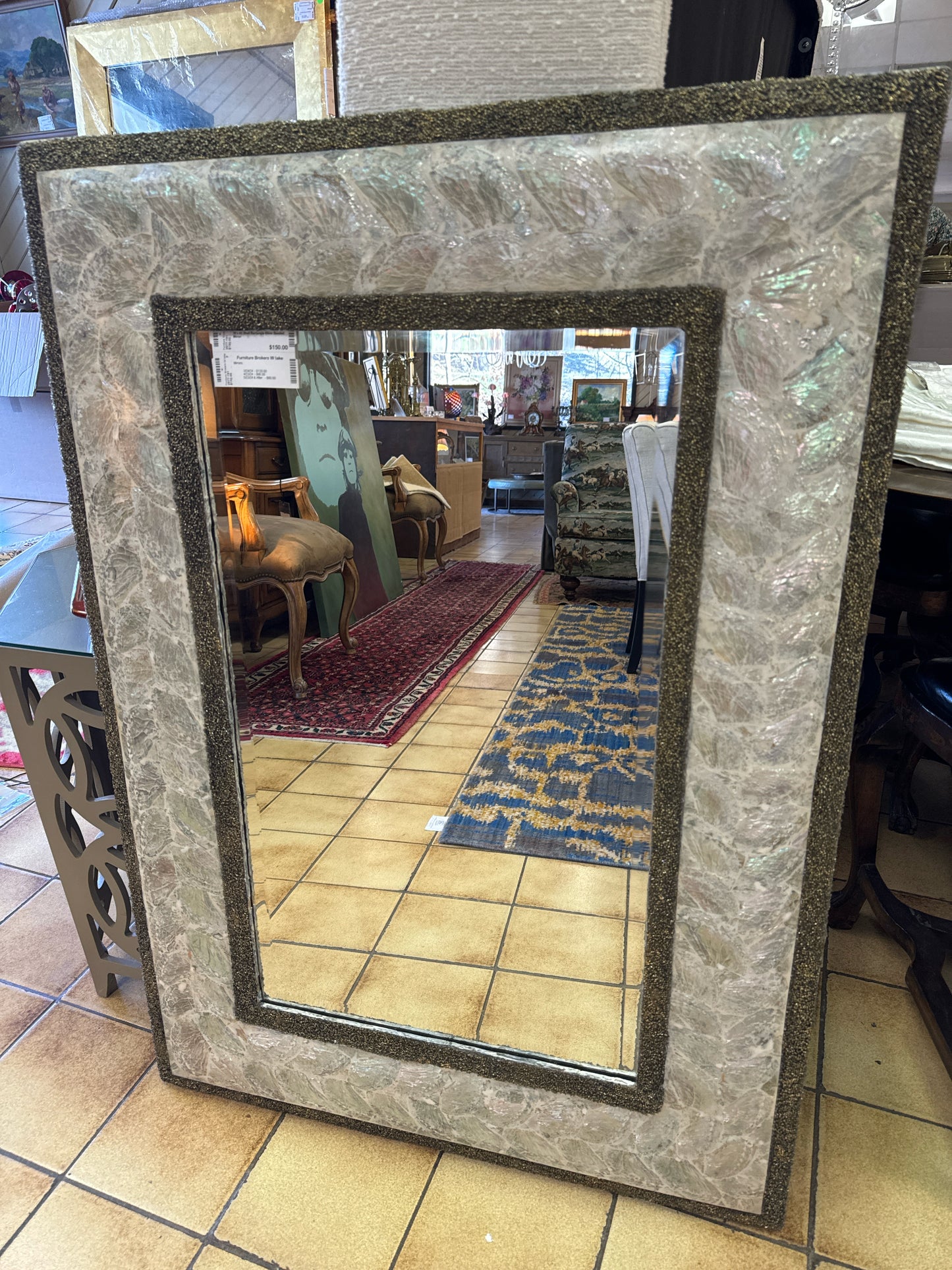 30 x 43 Shell Rectangle Silver Beaded Mirror